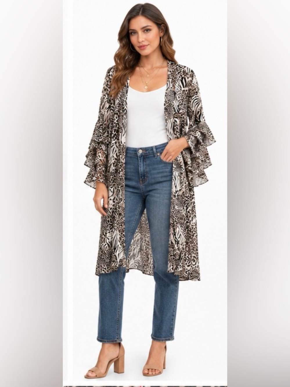 Umgee Animal Print Ruffle Sleeve Long Duster Kimono Small NWT